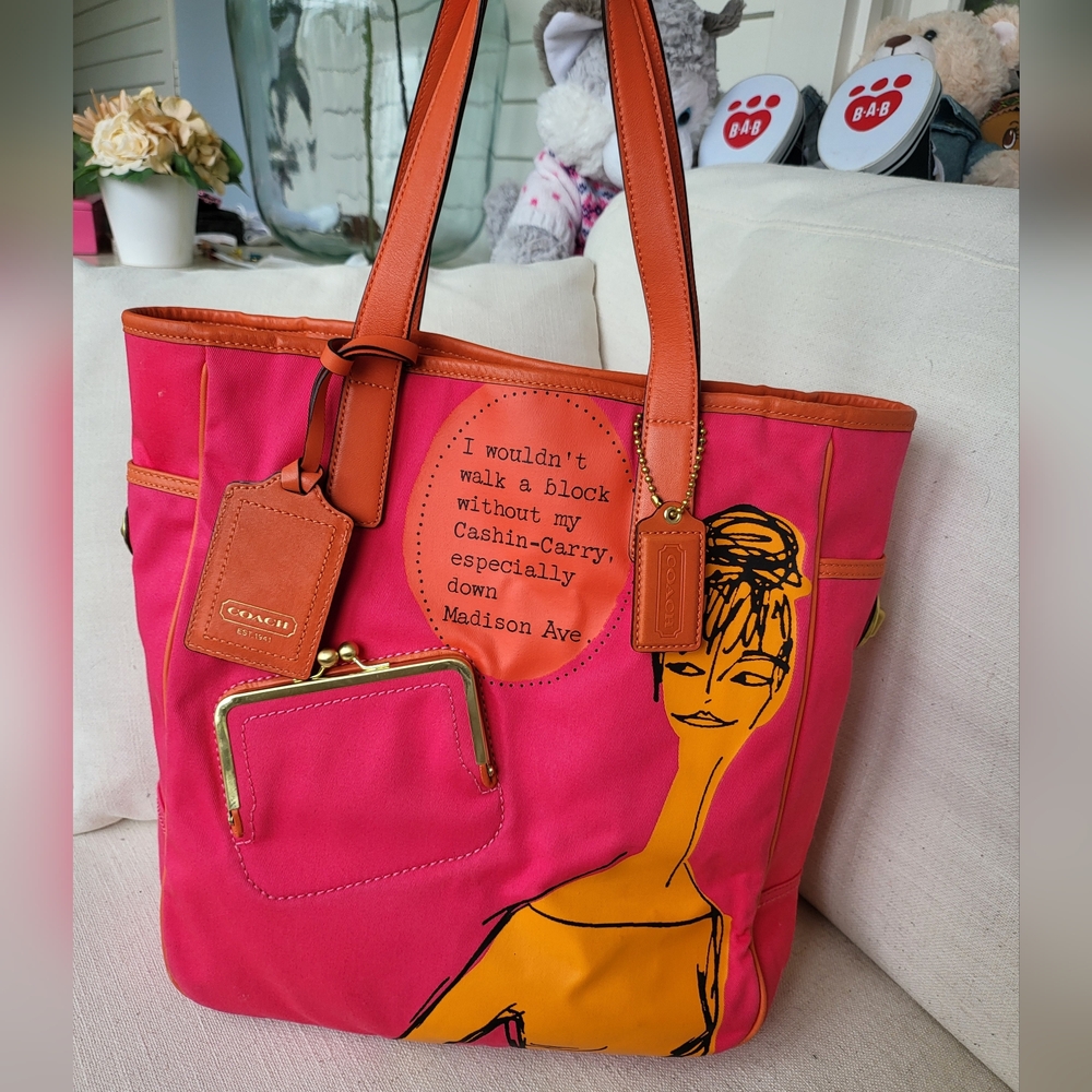 Coach Pink & Orange Tote Bag with Graphic Print